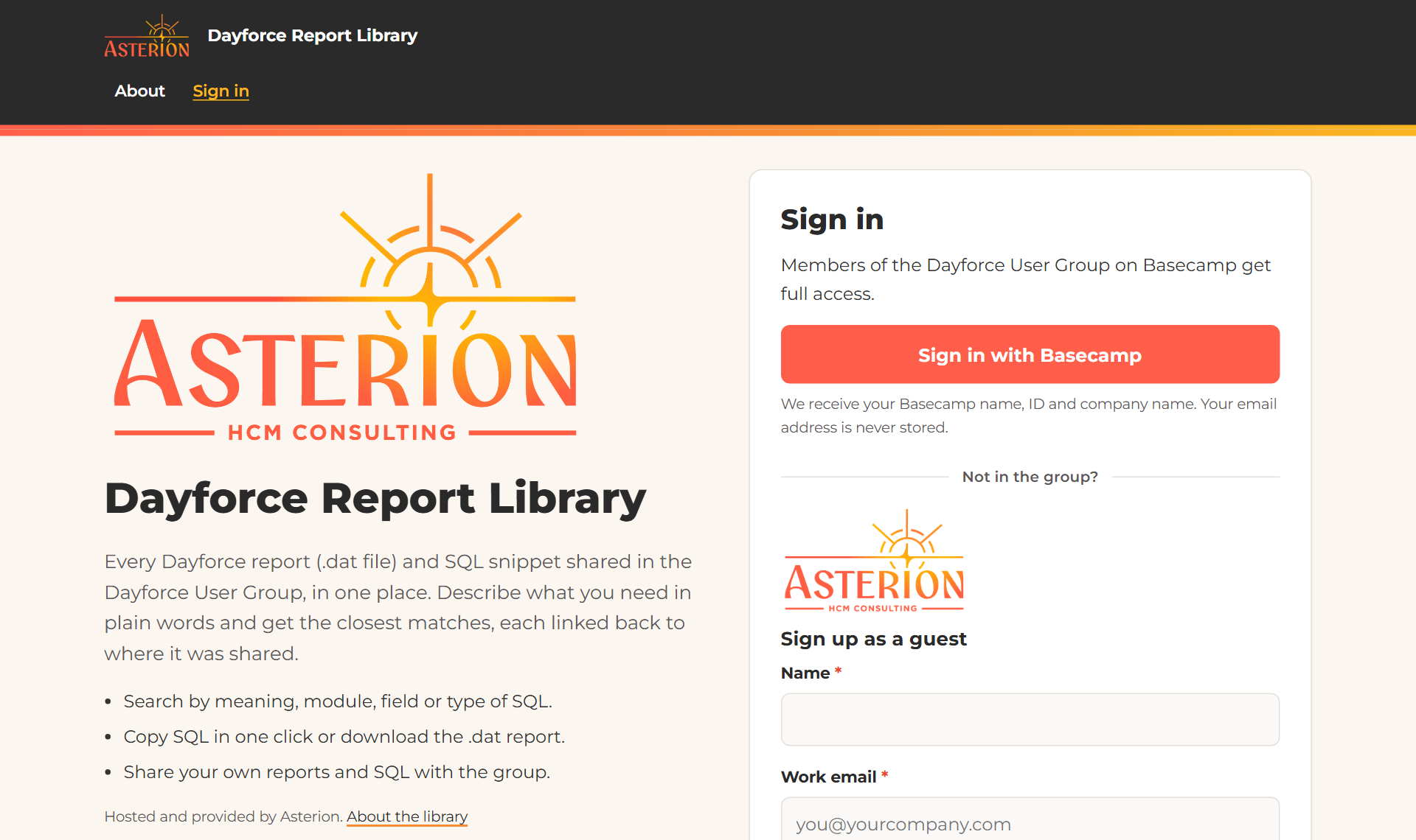 The library's sign-in page, with the Sign in with Basecamp button and the guest sign-up form