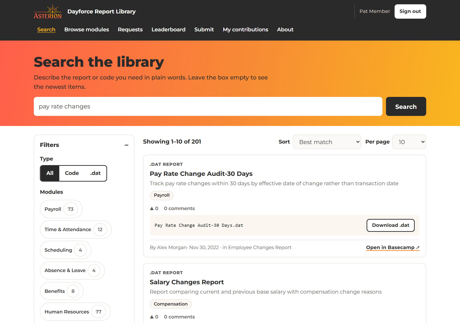 Search results for 'pay rate changes' showing the Pay Rate Change Audit report with its summary, module, download button and Basecamp link