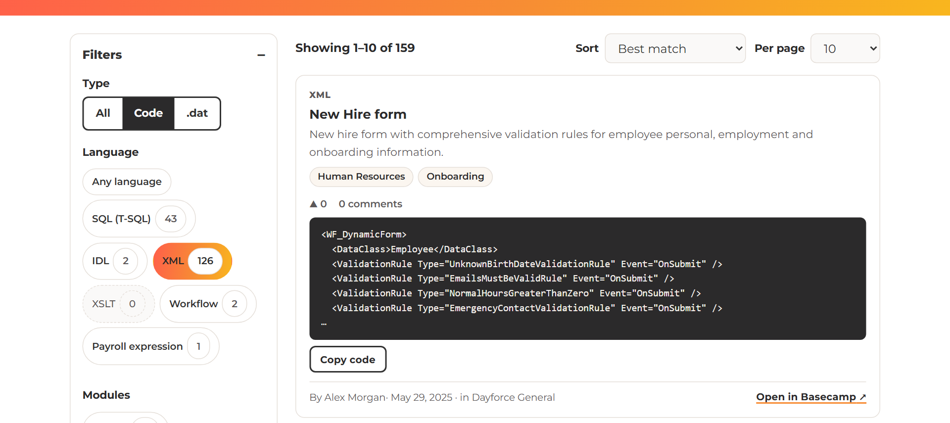 The Code type selected with the Language filter showing counts for SQL, IDL, XML, XSLT, Workflow and Payroll expression, and an XML new hire form in the results