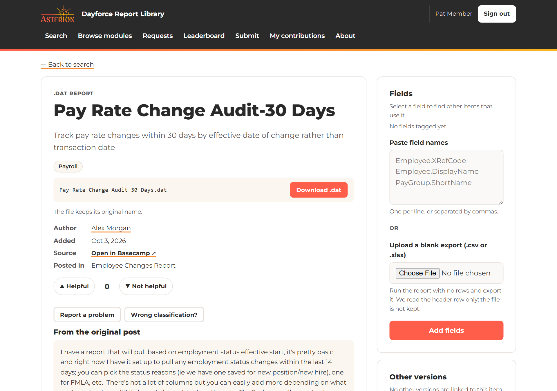 An item page for the Pay Rate Change Audit report with its download button, author, source link, voting buttons, original post, fields panel and related items