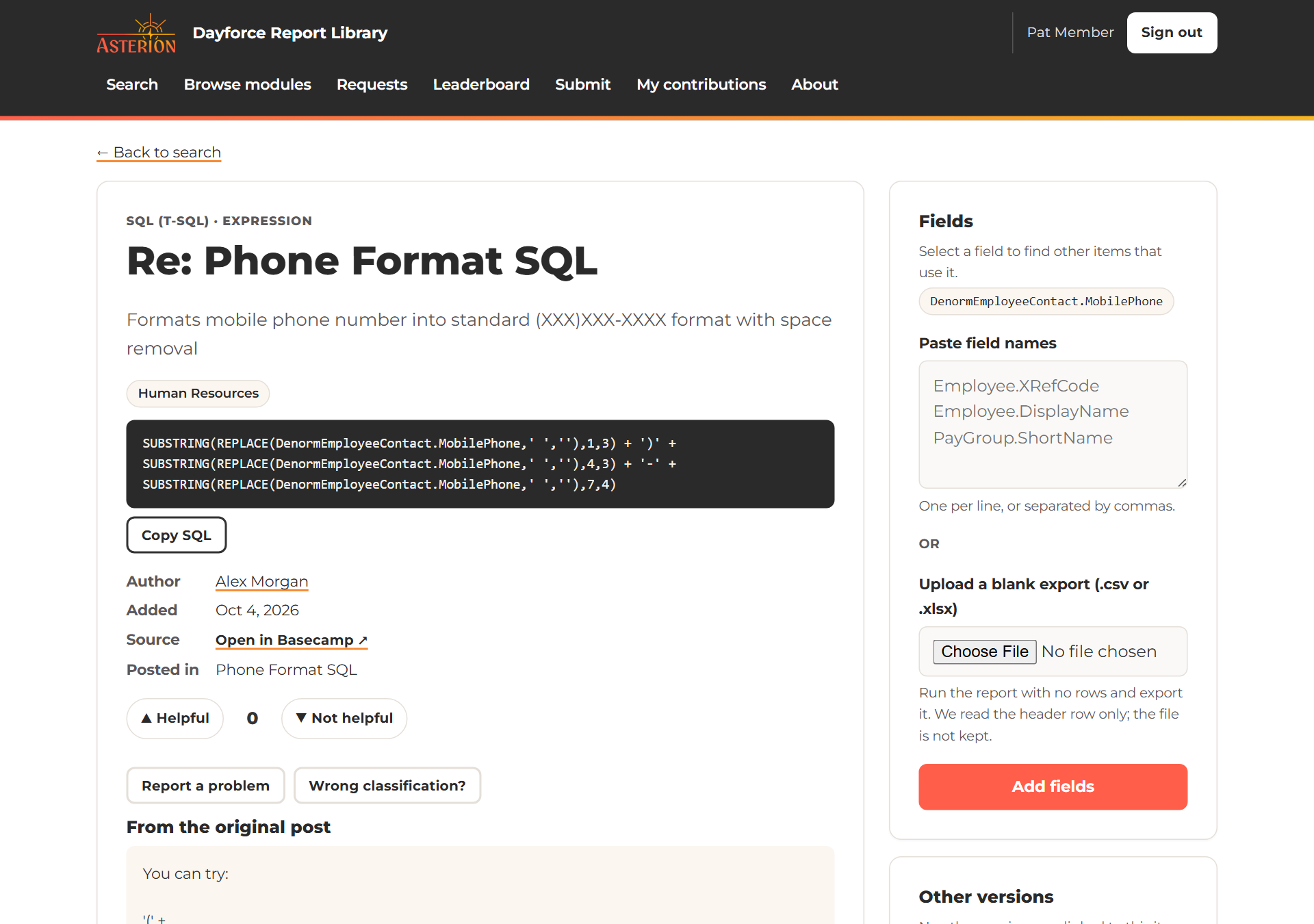 A SQL item page showing the code block with a Copy SQL button