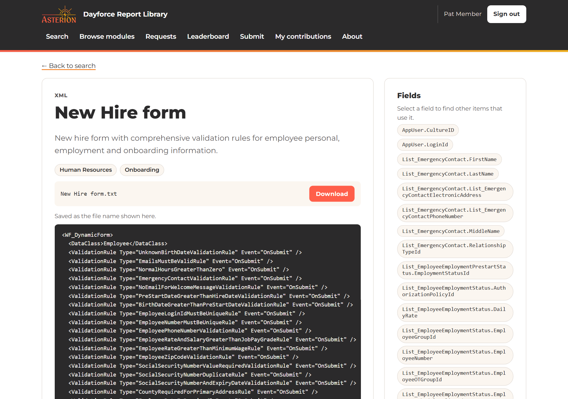 An XML new hire form item with a Download button, the form's XML and the list of fields it uses
