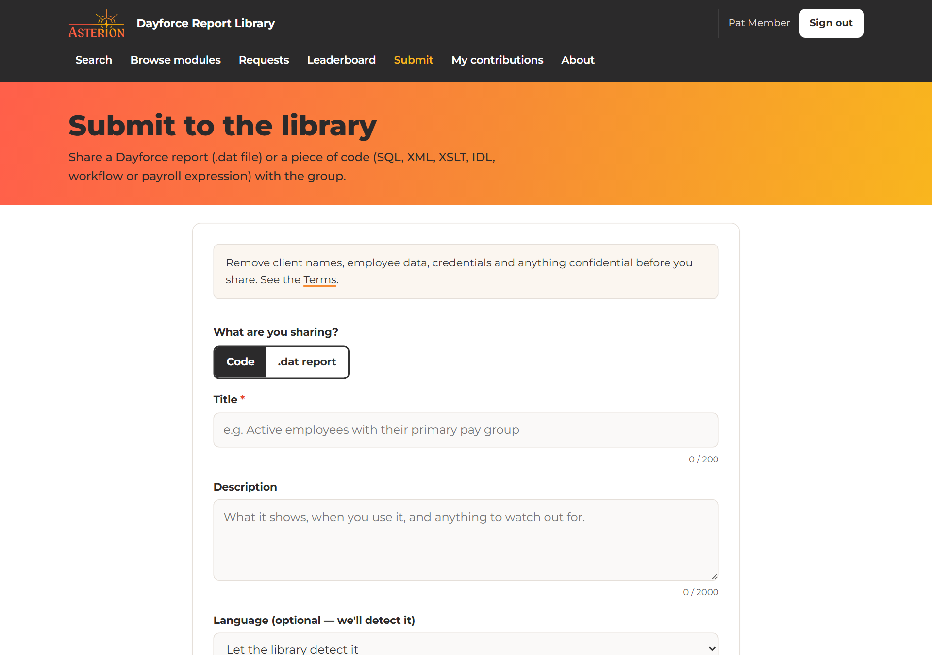 The Submit page with options to upload a .dat file or paste code